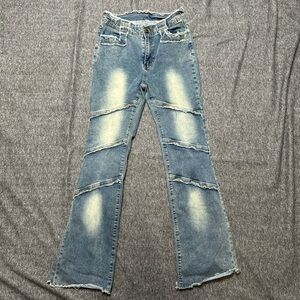 SHEIN Blue Flare Wide Leg Jeans with Distressed Details